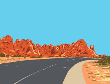 ABD 'nin Moab, Utah şehrinde bulunan Arches Ulusal Parkı' ndaki Kaya yüzgeçli ve kemerli Devils Garden Trail poster sanatı.