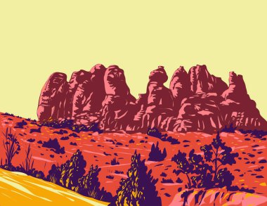 ABD 'nin Moab, Utah kentindeki Arches Ulusal Parkı' nda bulunan Arches Yolu üzerindeki Skyline Arch Trail poster sanatı.