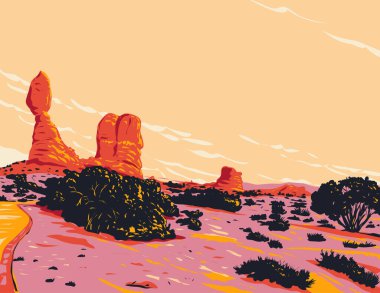 ABD 'nin Moab, Utah kentindeki Arches Ulusal Parkı' ndaki Dengeli Kaya Yolu poster sanatı ABD 'nin iş yönetimi tarzında gerçekleştirilmiştir..