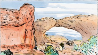 Amerika Birleşik Devletleri 'nin Moab, Utah kentindeki Arches Ulusal Parkı' ndaki Kum Kuşu Kemerinden Kırık Kemer Yolu 'nun mürekkep ve kalem boyası çizimi.