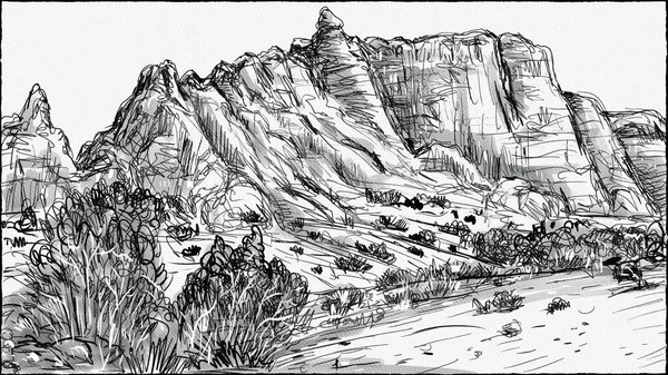Pen Ink Watercolor Drawing Devils Garden Trail Rock Fins Arches — стоковое фото