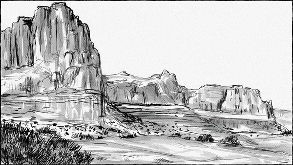 Pen and ink watercolor drawing painting of La Sal Mountains Viewpoint showing The Organ, Tower of Babel, Sheep Rock and Three Gossips in Arches National Park in Moab, Utah, USA.