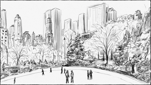 Pen Ink Watercolor Painting Wollman Rink Public Ice Rink Southern — Stockfoto