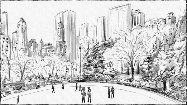 Pen and ink watercolor painting of Wollman Rink, a public ice rink in the southern part of Central Park, Manhattan, New York City during winter done in drawing sketch style.