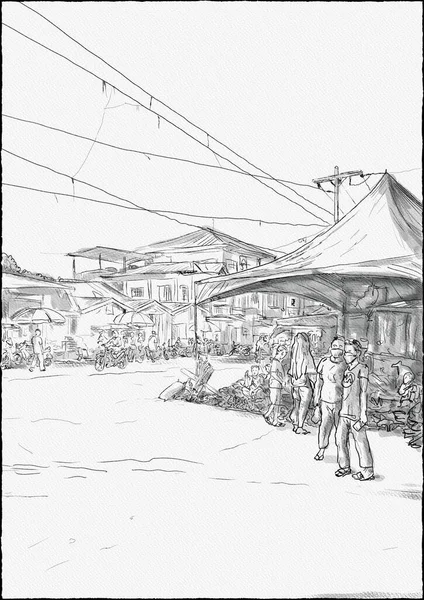 Pen Ink Watercolor Painting Marketplace Patikul Located Province Sulu Autonomous — Φωτογραφία Αρχείου