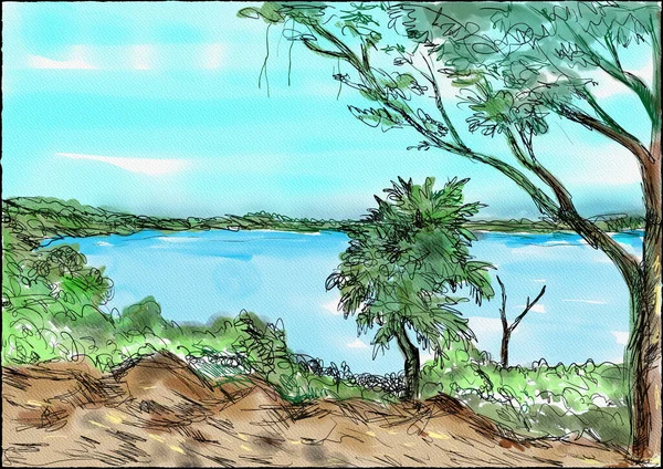 Pen Ink Watercolor Painting Timpuok Lake Located Province Sulu Autonomous — ストック写真