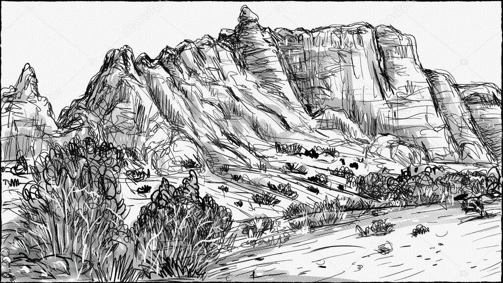 Pen and ink watercolor drawing of Devils Garden Trail with rock fins and arches in Arches National Park located in Moab, Utah, United States USA.