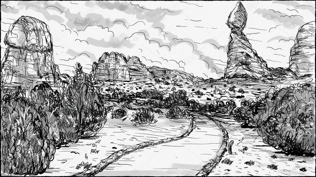 Pen and ink watercolor drawing painting of Balanced Rock Trail on Arches Entrance Road in Arches National Park located in Moab, Utah, United States USA.
