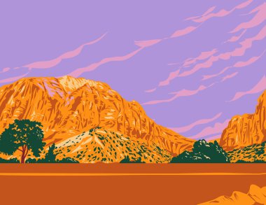 WPA poster art of the East Temple Mountain located in Zion National Park, Washington County Utah, United States USA done in works project administration style.