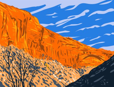 WPA poster art of the Great Arch in Zion National Park viewed along the Zion-Mt Carmel tunnel located in Springdale, Utah, United States USA done in works project administration style.