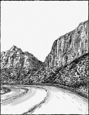 Pen and ink drawing of Pine Creek Canyon in Zion National Park along Zion Park Blvd and Zion-Mt Carmel Highway located in Springdale, Utah, USA  in watercolor painting style.