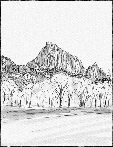 Pen Ink Drawing Watchman Northwest Aspect Located Zion National Park — Fotografia de Stock