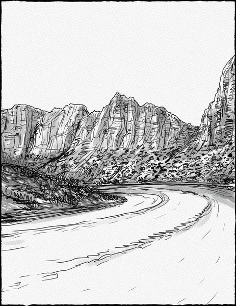Pen and ink drawing of Pine Creek Canyon in Zion National Park along Zion Park Blvd and Zion-Mt Carmel Highway located in Springdale, Utah, USA  in watercolor painting style.