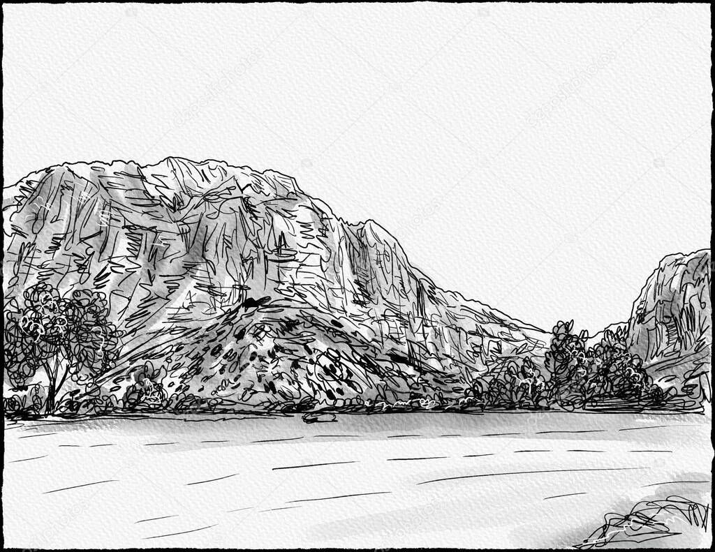 Pen and ink drawing of the East Temple Mountain located in Zion National Park, Washington County Utah, United States USA done in works project administration style.
