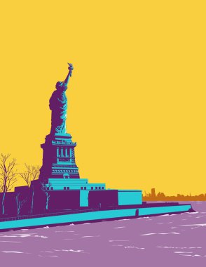 WPA poster art of the Statue of Liberty on Liberty Island part of the Statue of Liberty National Monument in New Jersey and New York, United States USA done in works project administration style.