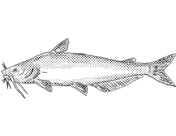 黒と白の隔絶された背景の上に半点のドットを持つ北米で発見された青いナマズやイタラス フルタカス淡水魚の漫画スタイルの描画 — ストック写真