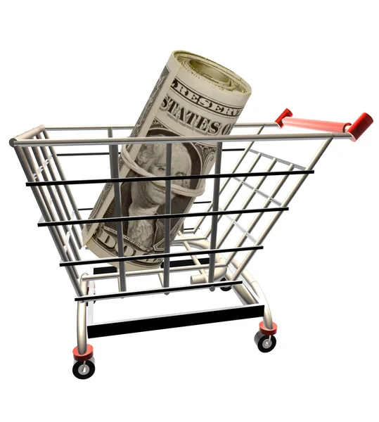 Dinheiro no carrinho de compras — Fotografia de Stock
