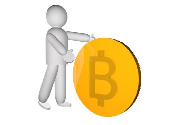 kukla iterek büyük bir altın bitcoin, 3d render
