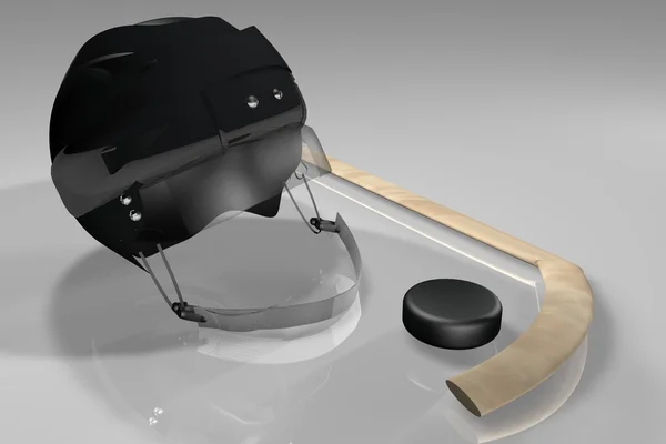 Hokejové helmy, PUK a hůl — Stock fotografie
