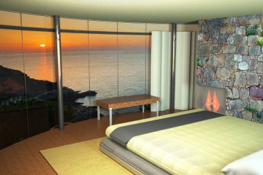 Yatak odasının içi deniz manzaralı, 3 boyutlu.