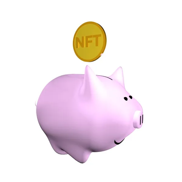 黄金のNftトークンを持つ貯金箱 3Dレンダリング — ストック写真