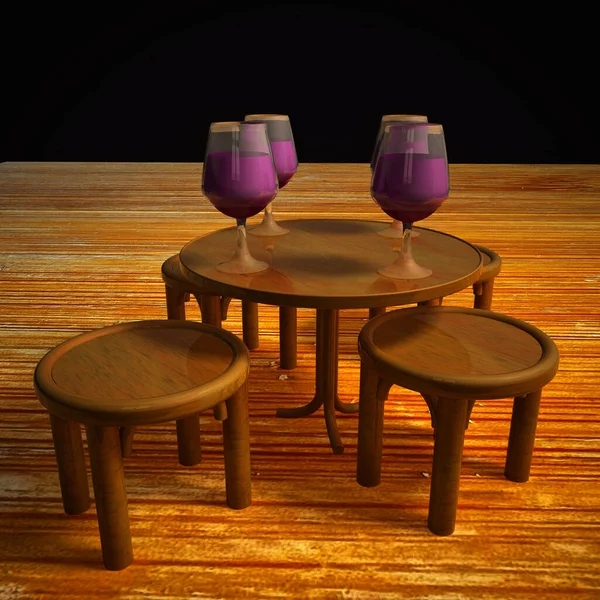 酒和杯在桌子上 3D渲染 — 图库照片