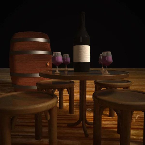 Tavolo Bar Con Bicchiere Vino Bottiglia Rendering — Foto Stock