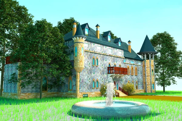 Çeşmeli ve ağaçlı eski bina, 3 boyutlu.