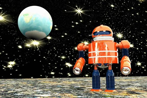Robô Com Olhar Maligno Andando Sobre Planeta Renderização — Fotografia de Stock