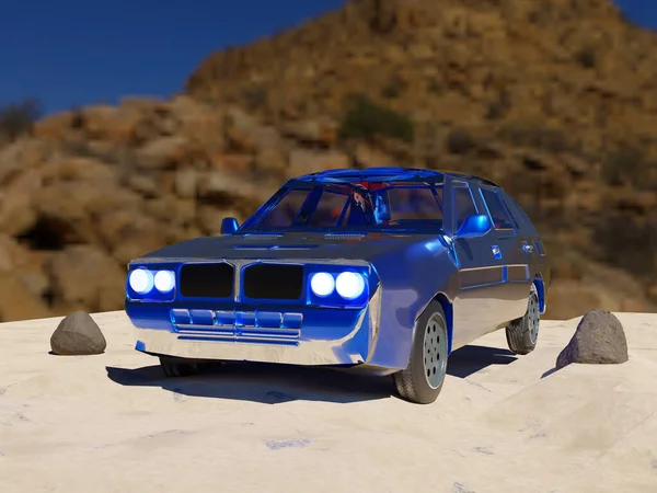 Niebieski Samochód Pustyni Renderowania — Zdjęcie stockowe