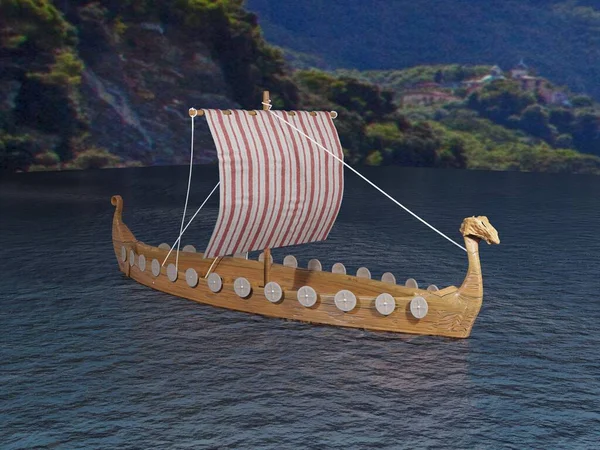 Viking Drakkar Sailing Sea Rendering — Stock Photo, Image