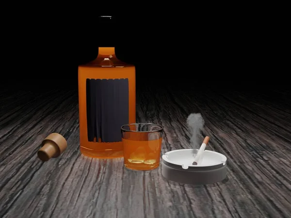 Whisky Cigarette Dark Background Rendering — стоковое фото