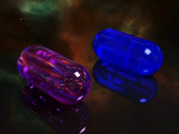 Red pill and blue pill over reflecting background, 3d rendering