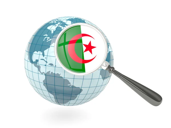 Magnified flag of algeria with blue globe — Stock Photo, Image