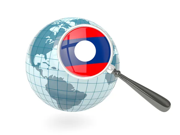 Zvětšená vlajka Laosu s modrý glóbus — Stock fotografie