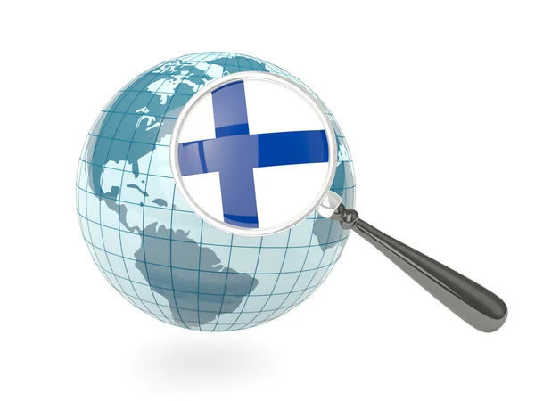 Zvětšená vlajka Finska s modrý glóbus — Stock fotografie