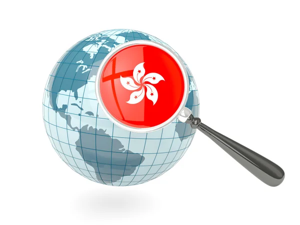 Magnified flag of hong kong with blue globe — Stock Photo, Image