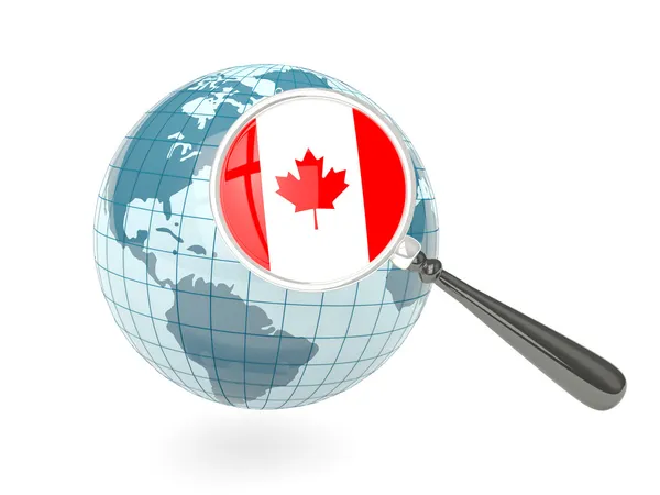 Magnified flag of canada with blue globe — Stock Photo, Image