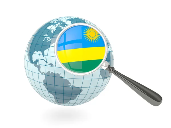 Magnified flag of rwanda with blue globe — Stock Photo, Image