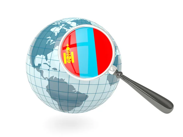 Magnified flag of mongolia with blue globe — Stock Photo, Image