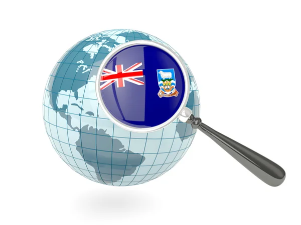 Zvětšená vlajka Falklandských ostrovů s modrý glóbus — Stock fotografie