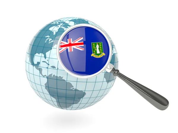 放大的国旗的美属维尔京群岛英国与蓝色地球 — 图库照片