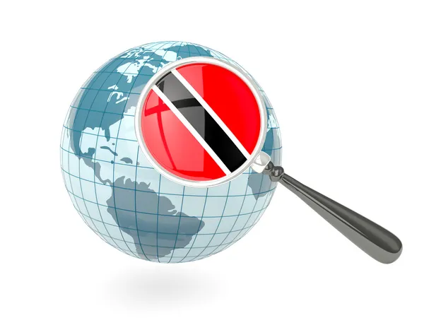 Vergrößerte Flagge von Trinidad und Tobago mit blauer Weltkugel — Stockfoto