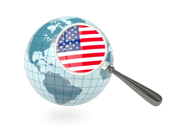 Bendera Amerika Serikat yang diperbesar dengan globe biru — Stok Foto