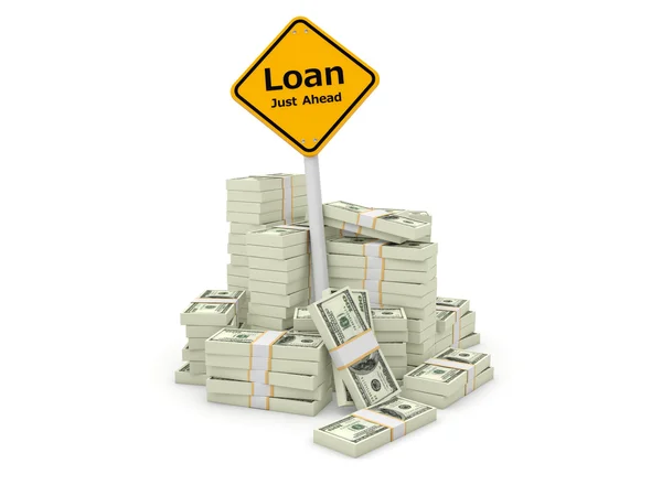 Loan road sign with stacks of dollars — Stock Photo, Image