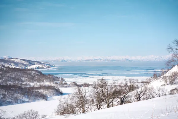 Zimowy Krajobraz Zatoki Avacha Śnieżne Góry Błękitny Ocean Półwysep Kamczatka — Zdjęcie stockowe
