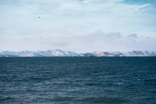 Winter Landscape Avacha Bay Snowy Mountains Stormy Ocean Kamchatka Peninsula — Stock Photo, Image