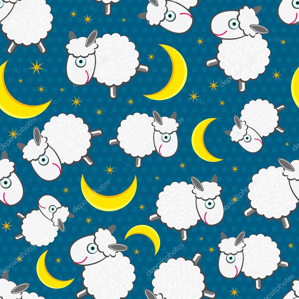 Cute White Sheeps at Night Seamless Pattern