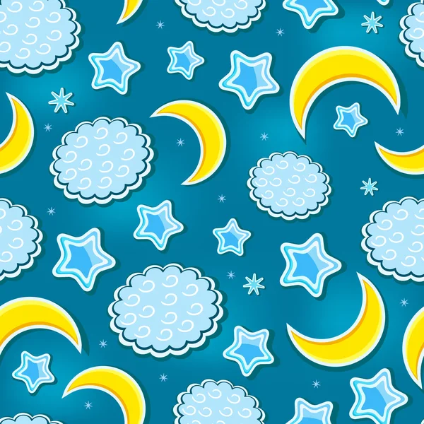 Patrón sin costuras Blue Night Sky con estrellas, nubes y semilunas — Vector de stock