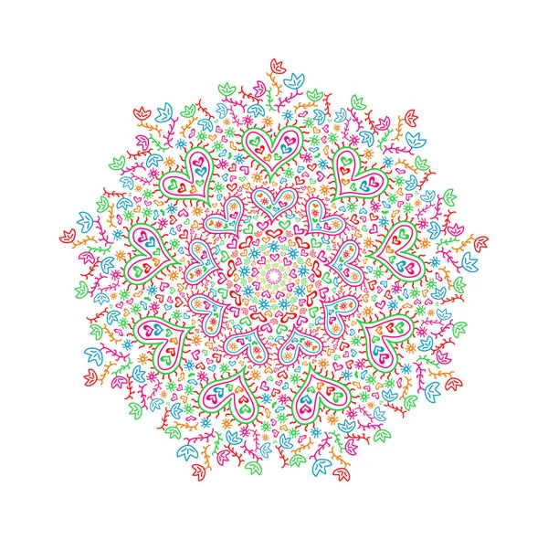 Elemento Mandala colorido con siluetas de corazón y flores — Archivo Imágenes Vectoriales